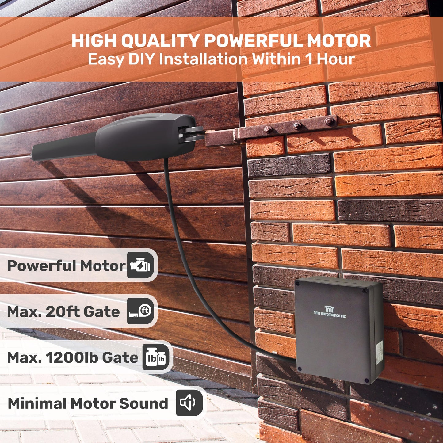 TMT Clifford 500 Premium Single Automatic Gate Opener Up to 20ft and 1200lb Heavy Duty Swing Gate with Remote Complete Kit, Electric Gate Opener for Driveway (App Compatible)