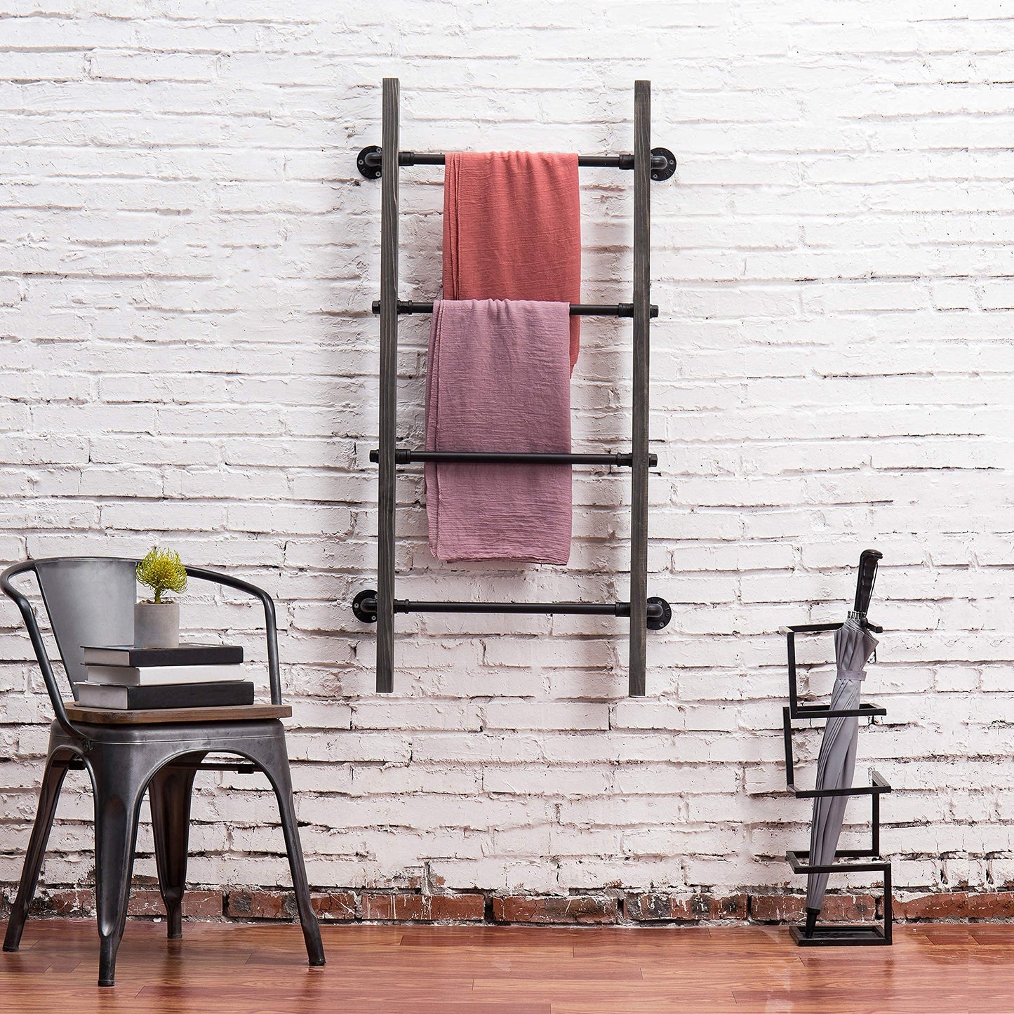 MyGift Wall-Leaning Rustic Gray with White Finish Wood Ladder-Style Blanket Rack Vintage Grey Wood & Industrial Metal Pipe Wall Mounted Ladder Rack, 46 Inch Towel Shelve