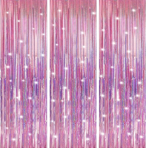 Crosize 7 Pack Laser Pink Foil Fringe Backdrop Curtains - 3.3 x 9.9 ft Tinsel Streamers for Parties | Photo Booth Decor