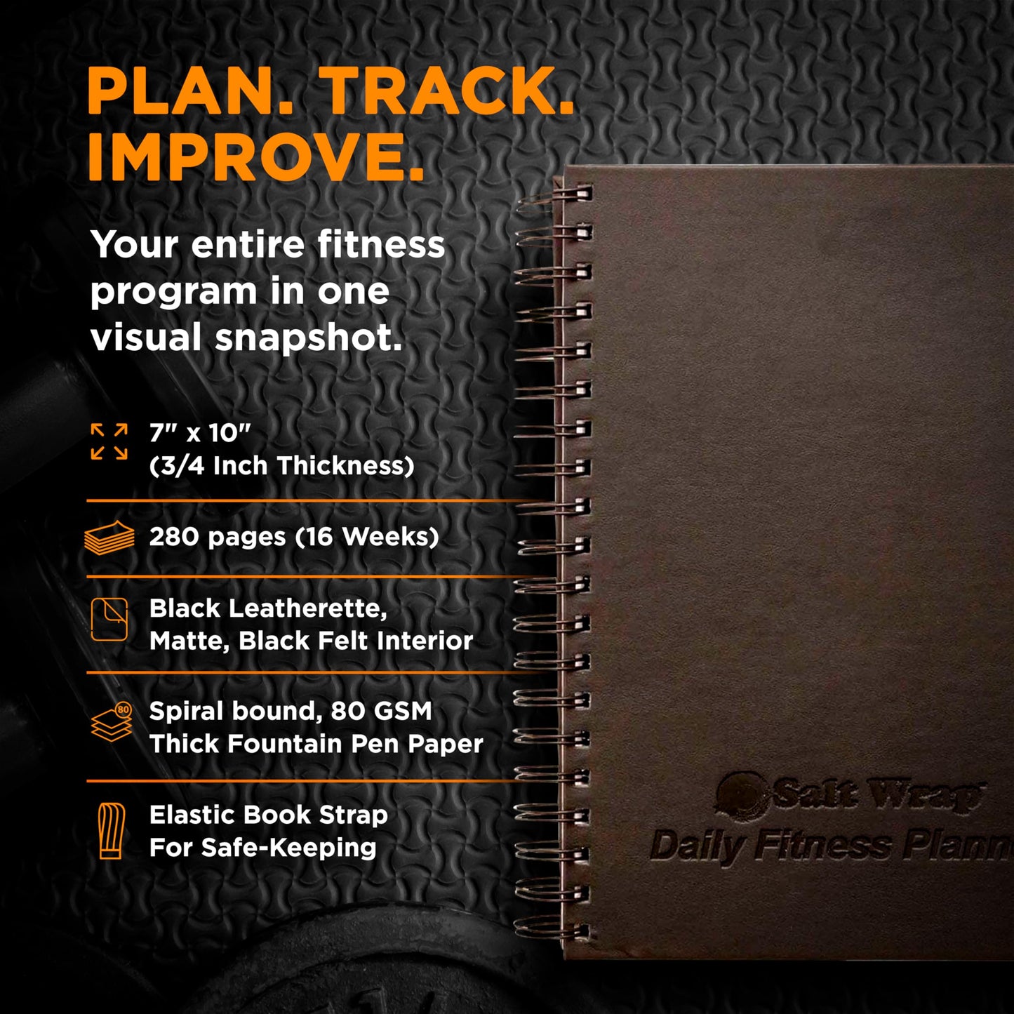 SaltWrap Daily Fitness Planner - Gym Workout Training Log, Weightlifting Exercise Journal, and Food/Diet Tracker - Daily and Weekly Pages, Goal Tracking, Spiral-Bound, 7 x 10 inches