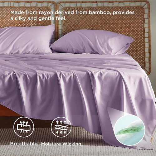 Bedsure Queen Sheet Set - Cooling Rayon Bamboo Sheets | Breathable & Soft, Deep Pocket Up to 16 Inches, Lilac
