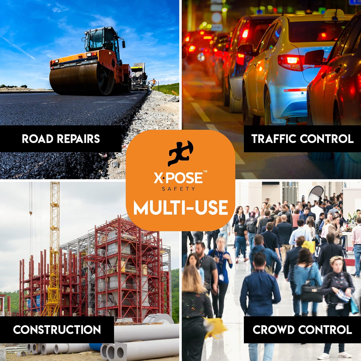 Xpose Safety 45" Orange Delineator Posts with Base, 3-Pack – Ring Top, 10" Reflective Band, 13 lb Rubber Base – Traffic, Parking, Construction, Events