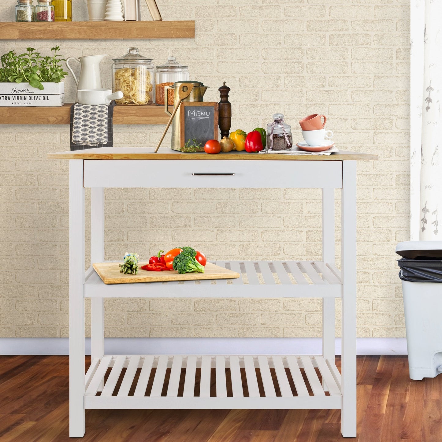 Casual Home Solid Wood Kitchen Island, Natural Maple Top, White Base (New) 40*20*36.5inch
