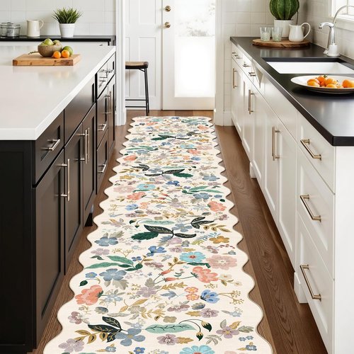 Hallway Floral Runner Rug - Washable Scalloped Soft Carpet with Non-Slip Backing | 2'6"x14", Cream