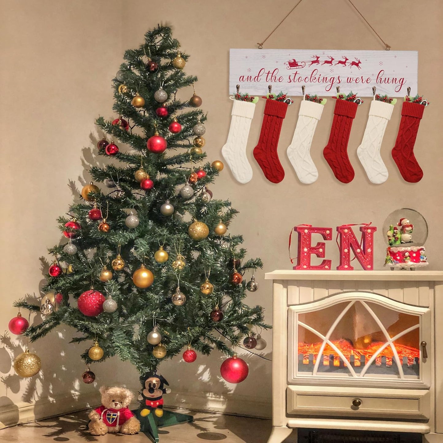 Regine Switzerland Christmas Stocking Holder - 24 Inch White Wall Sign with 6 Hangers for Mantel