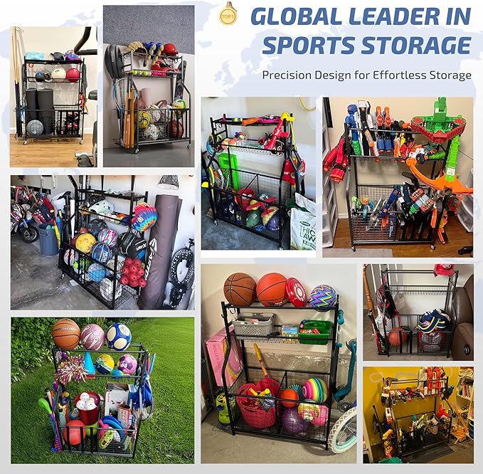PLKOW Sports Equipment Organizer - Garage Storage Rack with Basket and Hooks, Ball Storage, Toy and Gear Organizer, Black