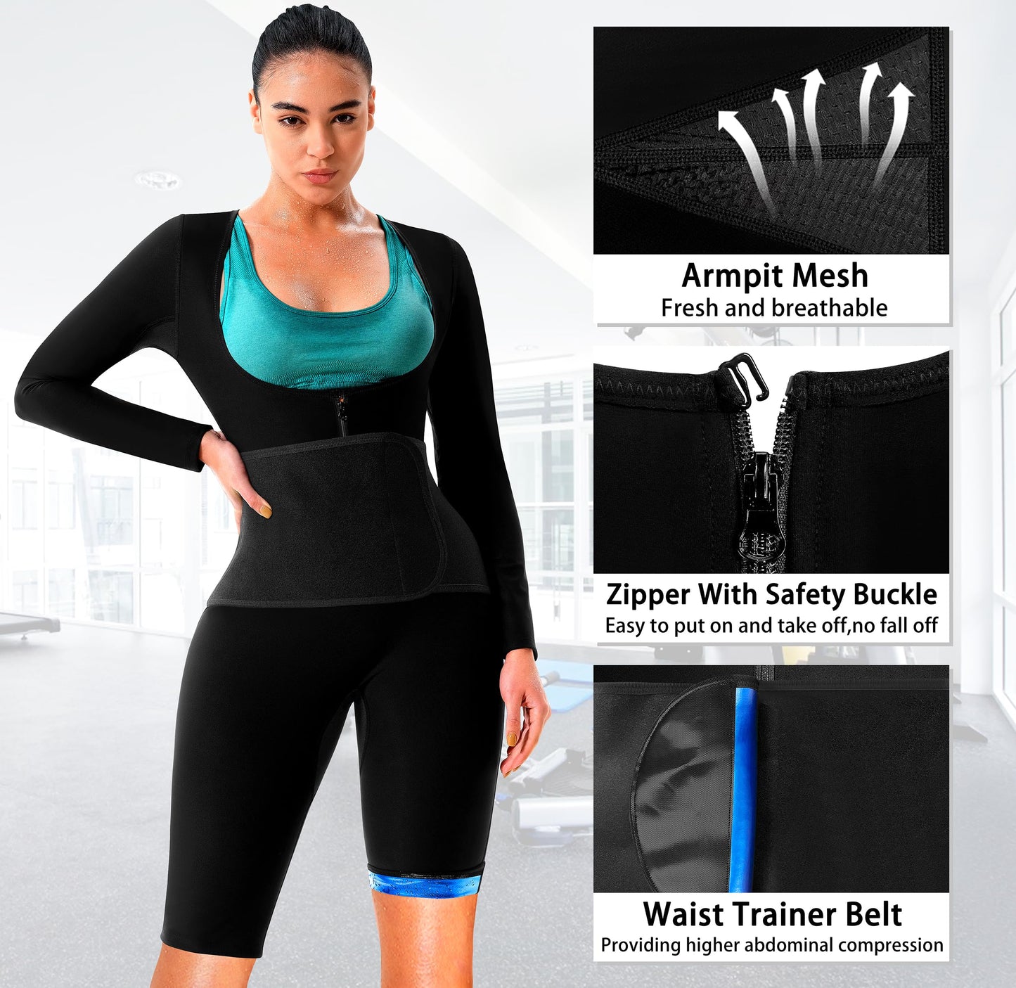 DYUAI Women Sauna Suit Sweat Jumpsuit Waist Trainer Slimming Full Bodysuit,Armpit and Crotch Mesh(BH70020-01-L)