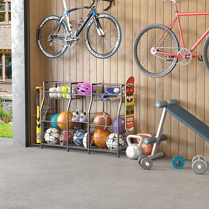 Garage Sports Equipment Organizer - Ball Storage Rack with Elastic Rope or Wire Mesh,Garage Organizer System with Wheels,Indoor/Outdoor Sports Rack for Sports Gear and Toys Storage,Black