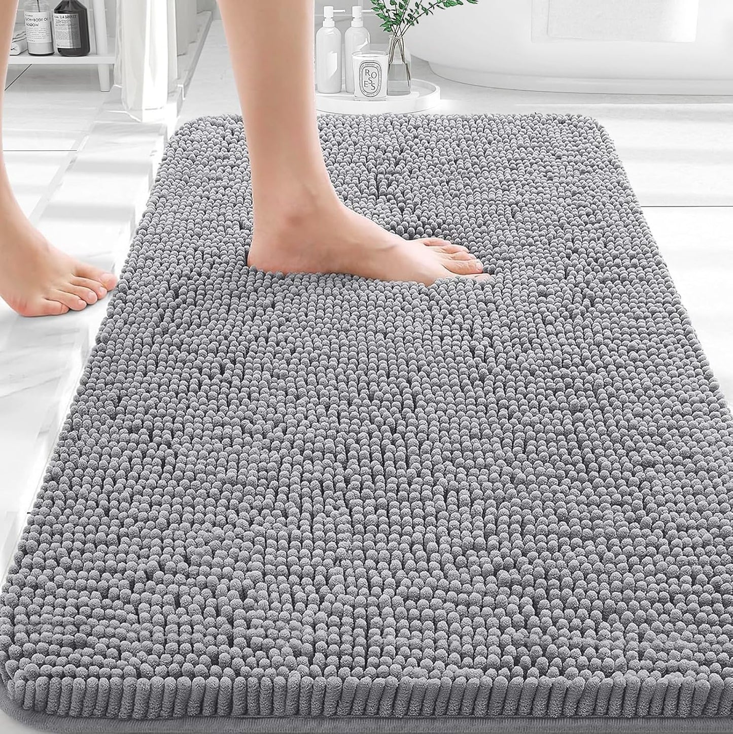 OLANLY Bathroom Rugs - Extra Soft Chenille Bath Mats with Rubber Backing | Quick Dry, Machine Washable, 35x24, Grey