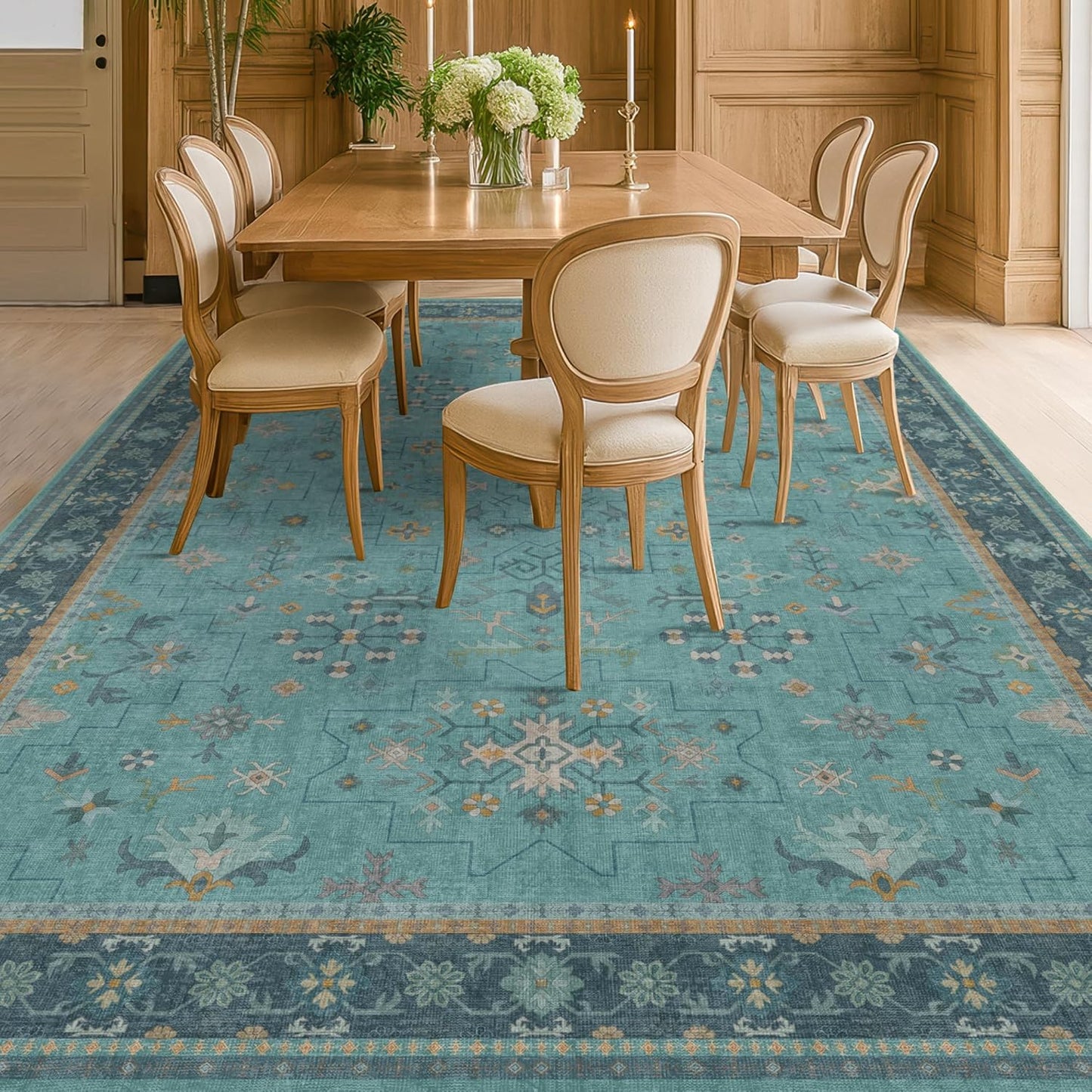 Skiennix Boho Teal 7x9 Soft Rug - Washable Turquoise Vintage Carpet for Living Room & Bedroom