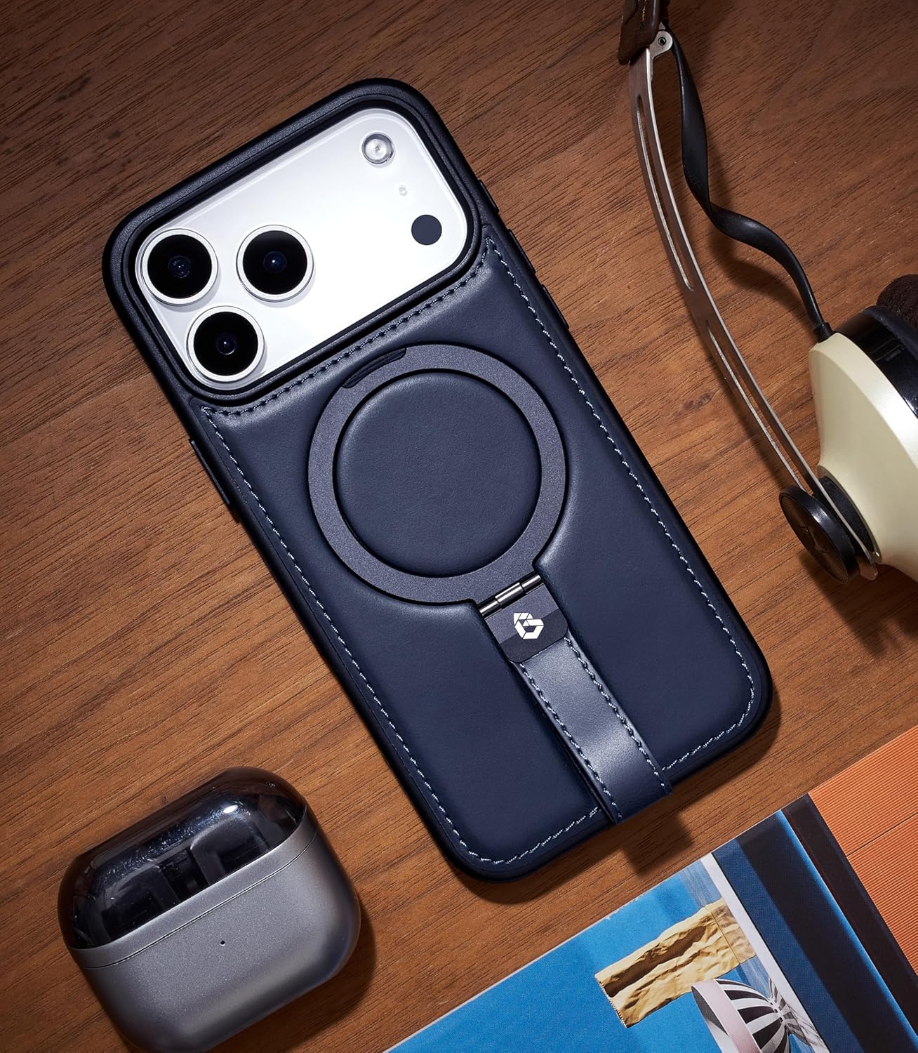Butaiga 17 17 for iPhone Pro Max Leather Case with Stand, Anti-Slip Grip Ring, Fits for MagSafe (Blue, iPhone Pro Max)
