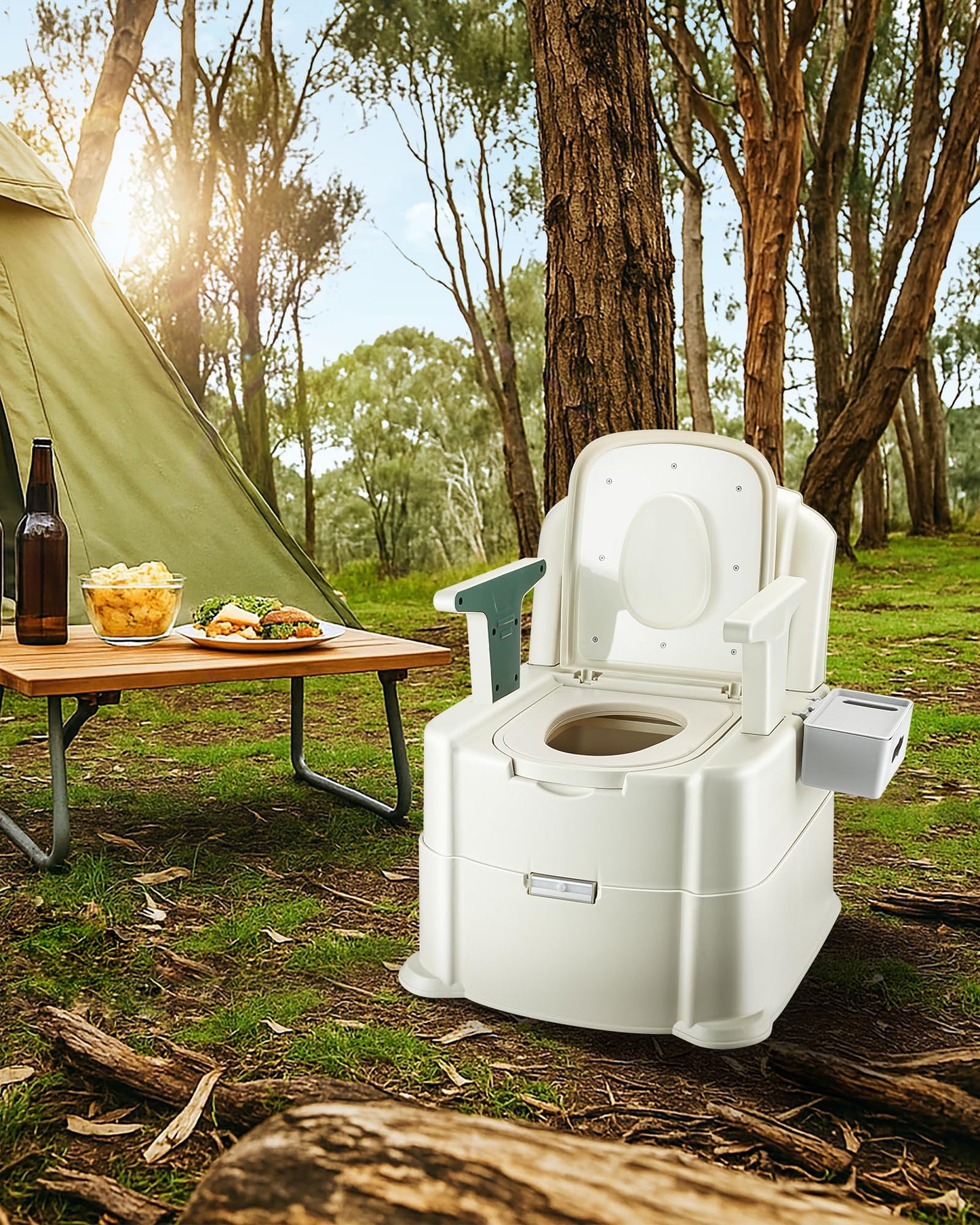 HygiVital Bedside Commode, 500lbs Heavy Duty & Upgraded Commode Toilet Potty Chair, Portable Camping Toilet, Detachable Armrests, Automatic LED Light, 2-Level Height, 3 Rolls of Commode Liners 【Green】