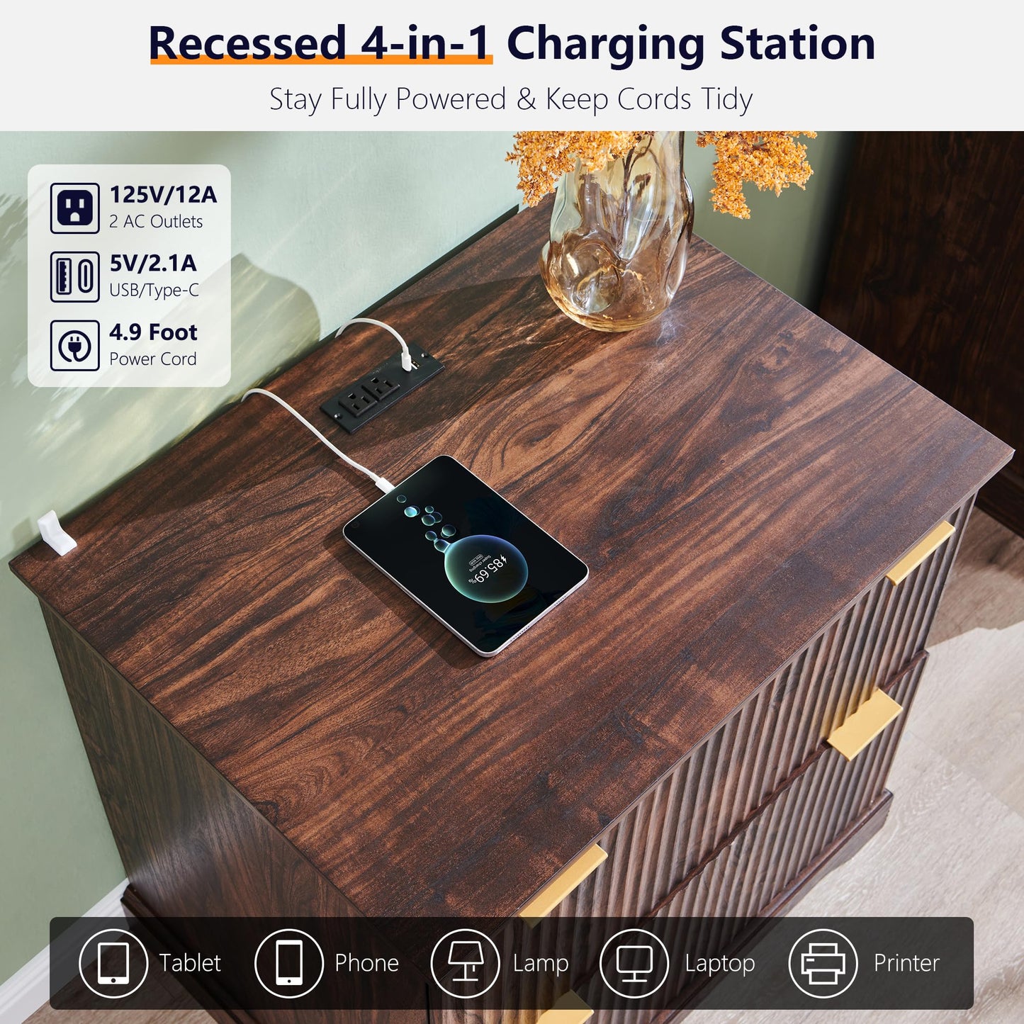 JXQTLINGMU 2 Drawer File Cabinet with Charging Station, 30" Fluted Lateral File Cabinet w/Files Hanging Rod for Letter/Legal/A4, Large Tabletop for Printer, Office Wood Printer Cabinets, Dark Walnut