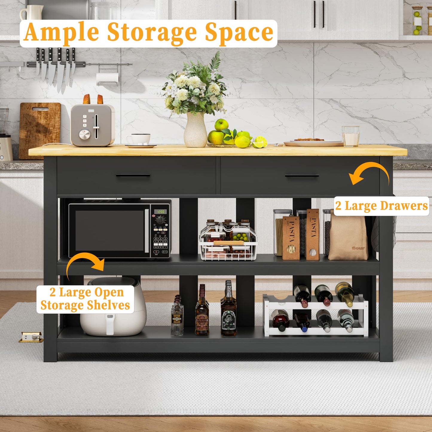 DynJest 47.3" Solid Rubberwood Kitchen Island with Power Outlets - Extra Large Work Surface, 2 Drawers & Open Shelves Storage Cabinet for Kitchen Dining Room, Farmhouse Style (Black)