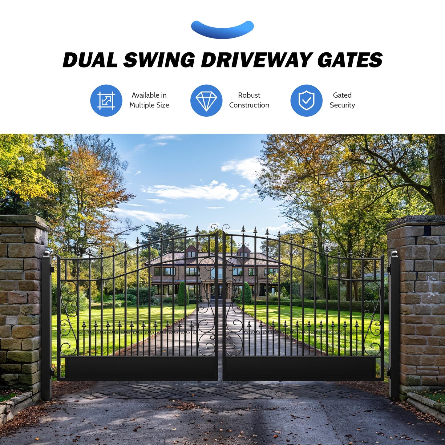 ZUMI Dual Swing Driveway Gates, 14x6 ft. Outdoor Steel Swing Gates for Driveway, Heavy-Duty Driveway Fence Gates for Home Security, Weatherproof Iron Security Gate Kit for Outdoor, Greerwich Style