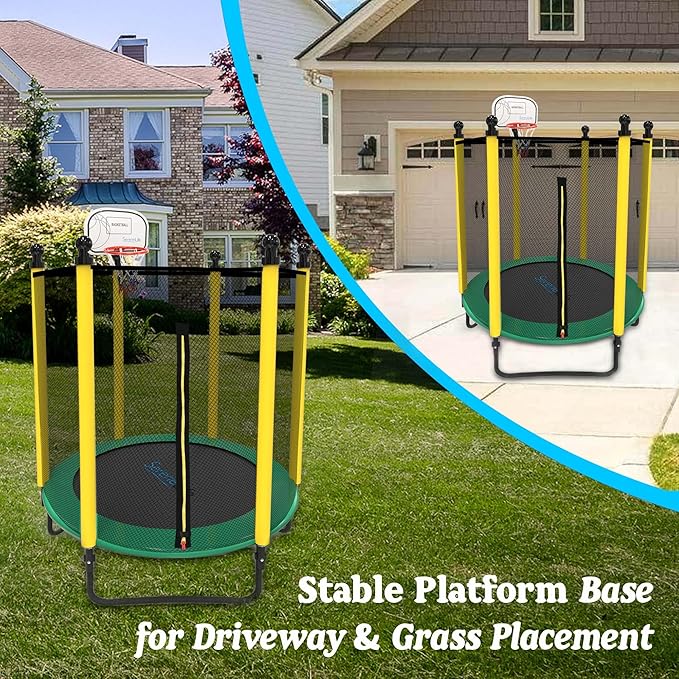 SereneLife 5FT Outdoor & Indoor Trampoline for Kids – Durable Mini Toddler Trampoline with Net Enclosure & Basketball Hoop - Supports 176 lbs, 60"x76"