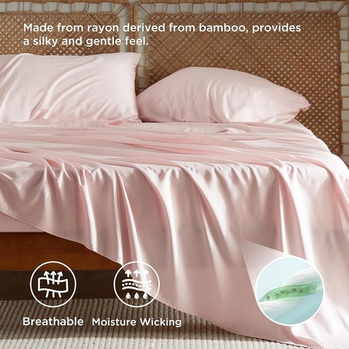 Bedsure Cooling Bed Sheets - Breathable Rayon from Bamboo | Soft & Silky Full Size, Deep Pocket Up to 16 Inches, Pink