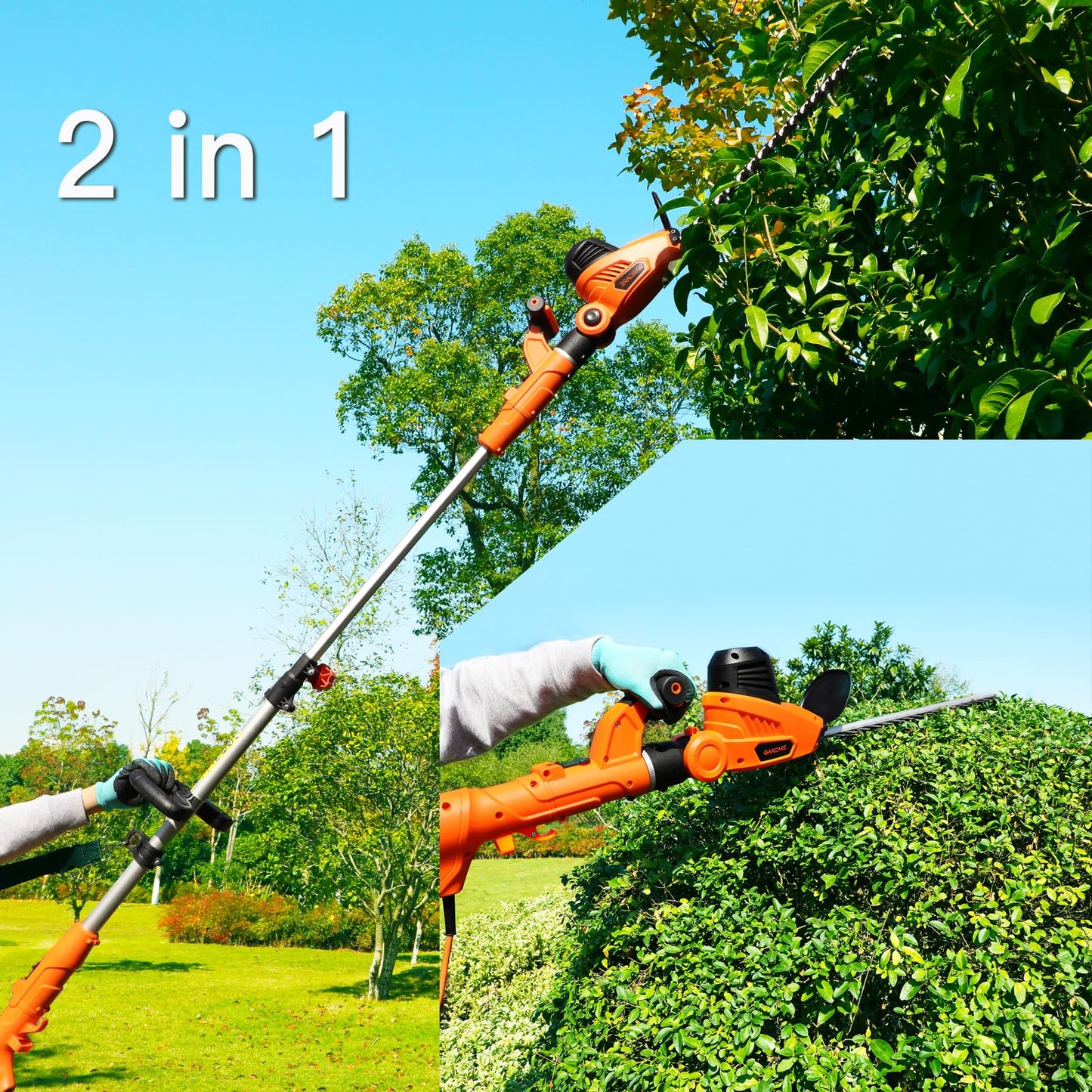 GARCARE 2 in 1 Electric Pole Hedge Trimmer, Power Hedge Trimmer with 20 inch Dual-Action Laser Cut & Adjustable Cutting Head, 4.8Amp, 600W, Corded