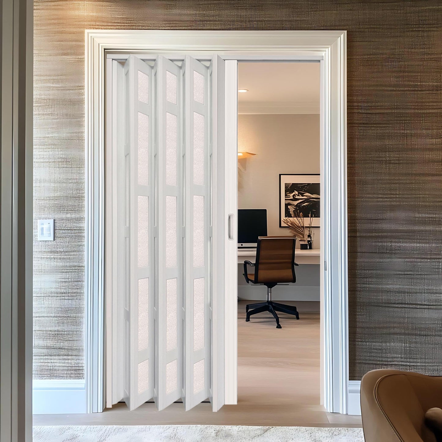 DIYHD 48X80in Glass Accordion Door with Latch&Handle, Double-Layer Thickened PVC Folding Interior Door with Frosted Acrylic - Blocks Views, Lets Light In, Easy Install for Closet, Utility&Room Divider