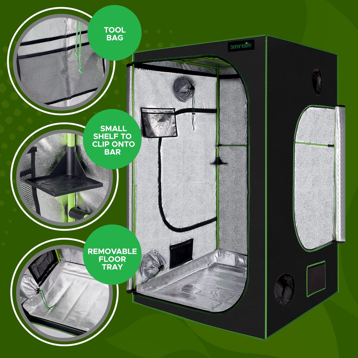 SereneLifeHome Medium Hydroponic Grow Tent Garden-48'' x 48'' x 80'' Indoor Plant Growing System w/Durable Reflective 600D Mylar,Observation Window-Includes Removable Floor Tray,Black,Green,SLGT48M