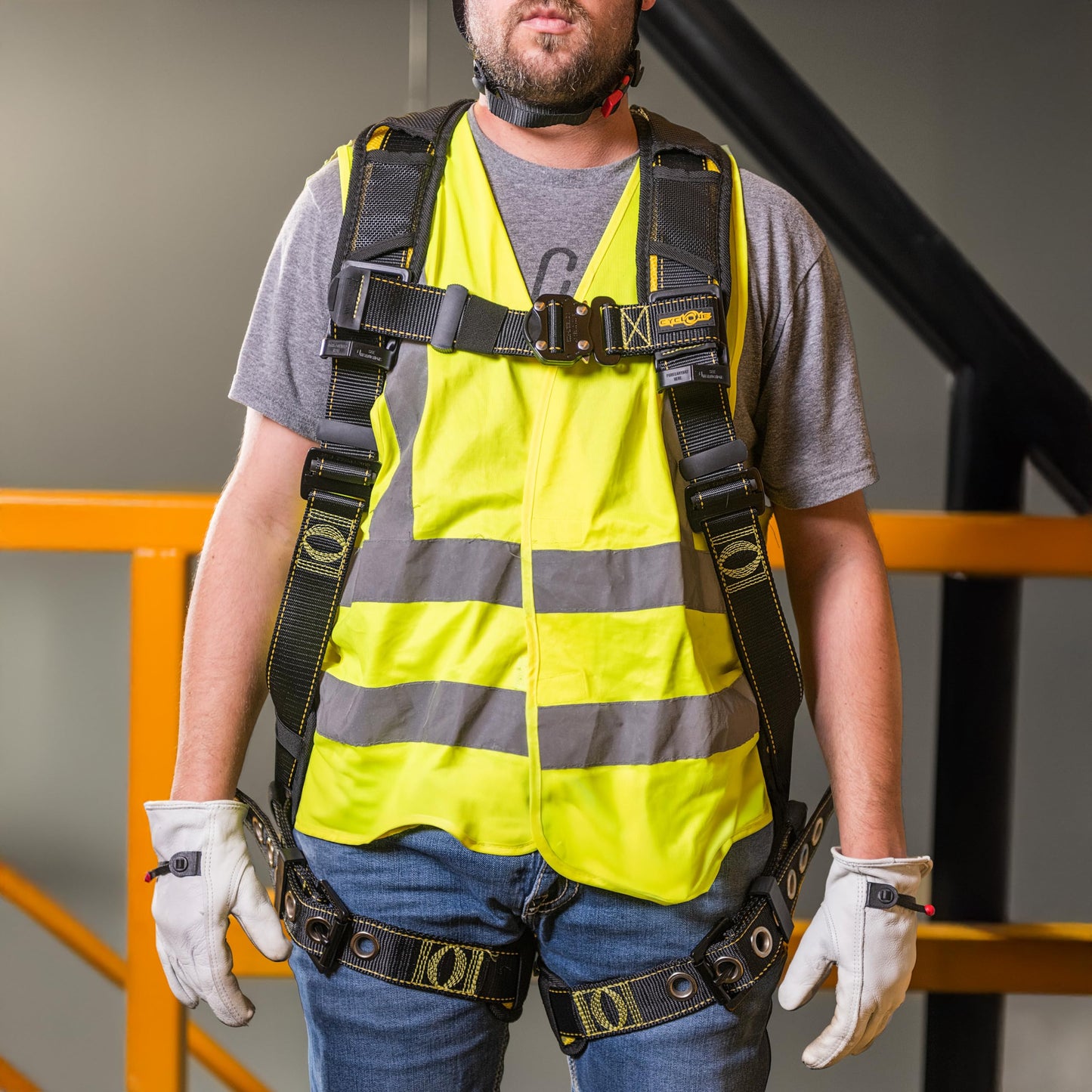 Guardian 21042 Cyclone Construction Harness with Comfort Shoulder Padding |OSHA & ANSI Compliant | Black/Yellow | M-L