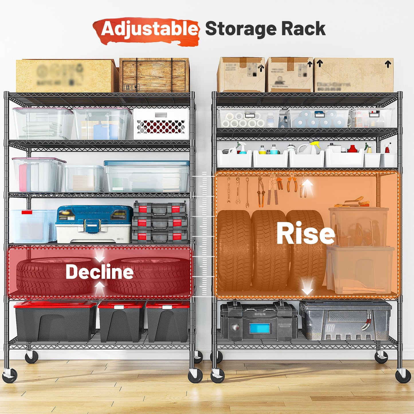 Romorgniz 6-Tier Rolling Storage Shelves, 82" H x 45" W x 18" D Adjustable Wire Shelving Unit with Locking Wheels, Heavy-Duty Metal Rack for Garage, Pantry, Kitchen, Basement – Black