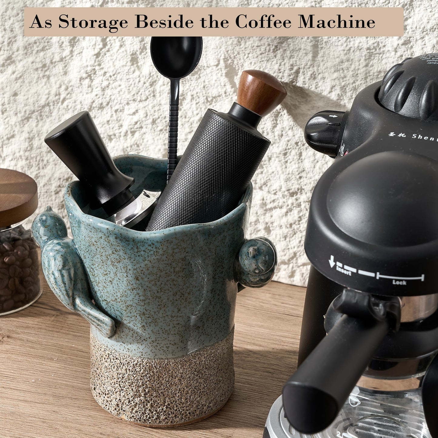 6.38“H Utensil Holder for Kitchen Counter, Modern Farmhouse Cooking Utensil Holder and Crock Home Kitchen Decor, Ceramic Utensil Organizer for Spatula, Ladle, Eggbeater, Rolling Pin- Blue and Brown