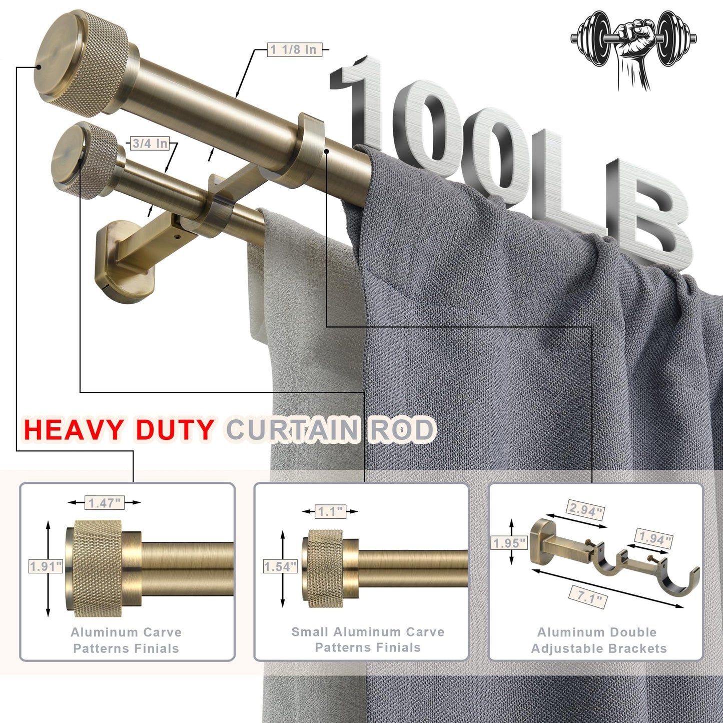 1-1/8 inch Double Curtain Rod - Premium Nonadjustable 144in/12ft Drapery Rods - Heavy Duty Dual Curtain Rods for Windows - Aluminum Finials & Adjustable Concealed Mounting Bracket - Antique Bronze