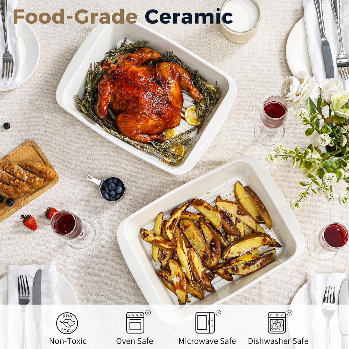 Regine Switzerland 9x13 Baking Dish Set of 2 - Porcelain Casserole Dish with Handles | Deep 3.75 Qt Bakeware, Microwave & Dishwasher Safe, White