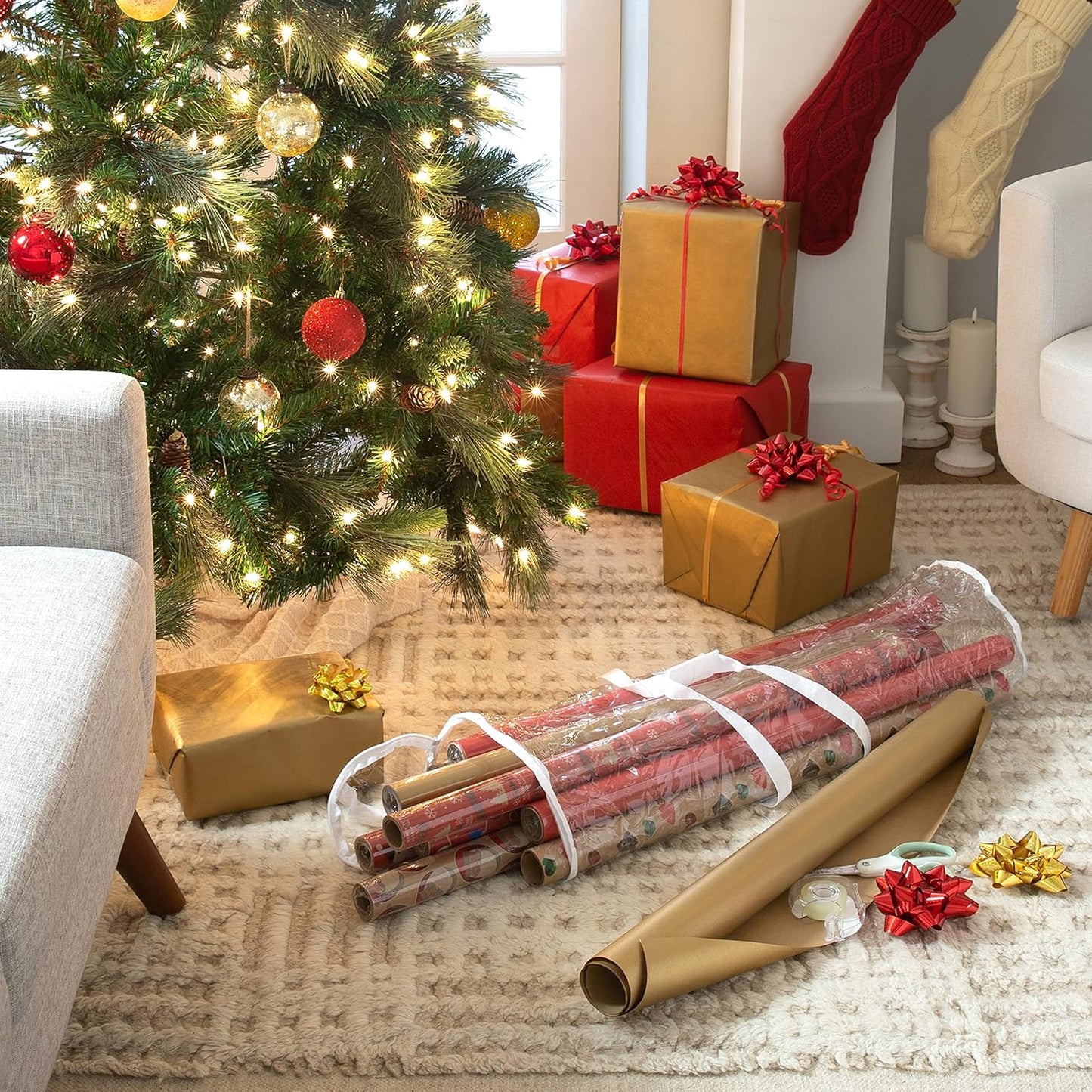 Simplify Clear Gift Wrap Storage Bag - Holds 30" Long Wrapping Paper Rolls | Zipper Closure | Red