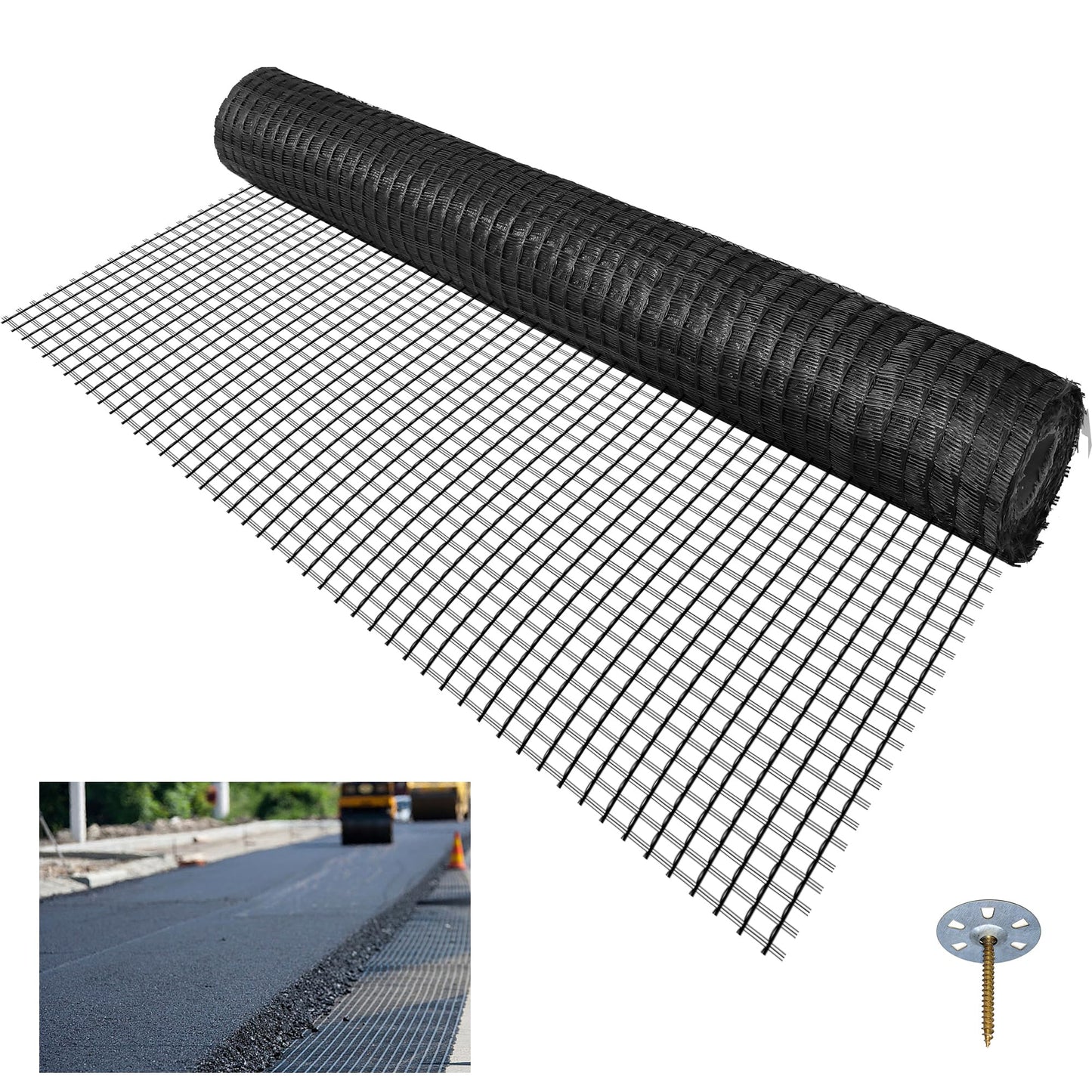 Universal Geogrid Roll 3.84ft x 164ft Retaining Wall Fiberglass Geogrid, 50KN Tensile Strength Driveway Ground Gravel Grid with Mounting Screws for Asphalt Pavement and Soil Road Slope Reinforcement