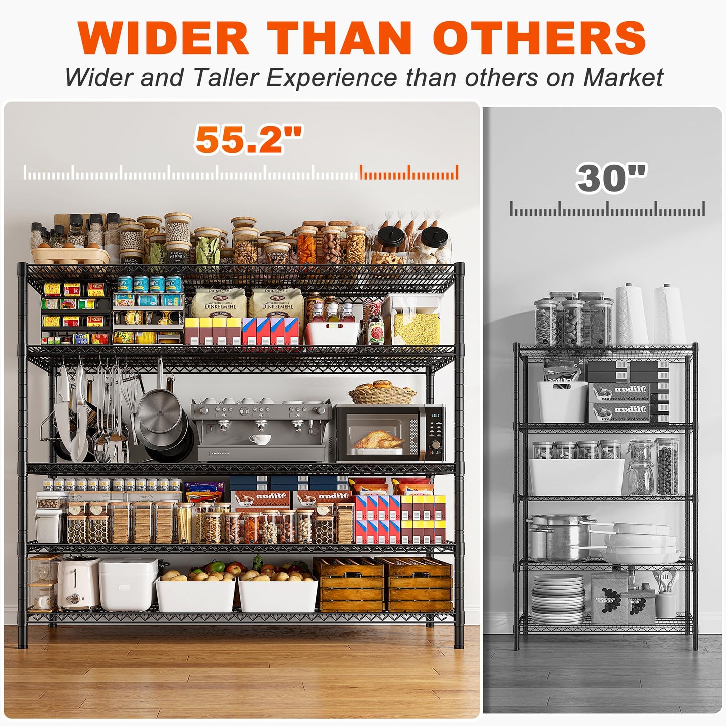 REIBII 85.7"H Garage Shelving 2998LBS Storage Shelves with Wheels&Feet,5 Tier Garage Shelves Heavy Duty Adjustable Wire Shelving for Basement Commercial Industrial Pantry, 85.7"H X 55.5"W X 24.2"D