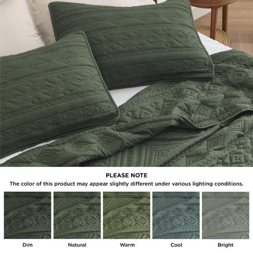 Bedsure Boho Quilt Queen Size - Lightweight Bedspread Queen Size with Geometric Stitched Pattern, Olive Green Farmhouse Soft Bedding Set Coverlet with 2 Pillow Shams for All Seasons, 90x96 inches