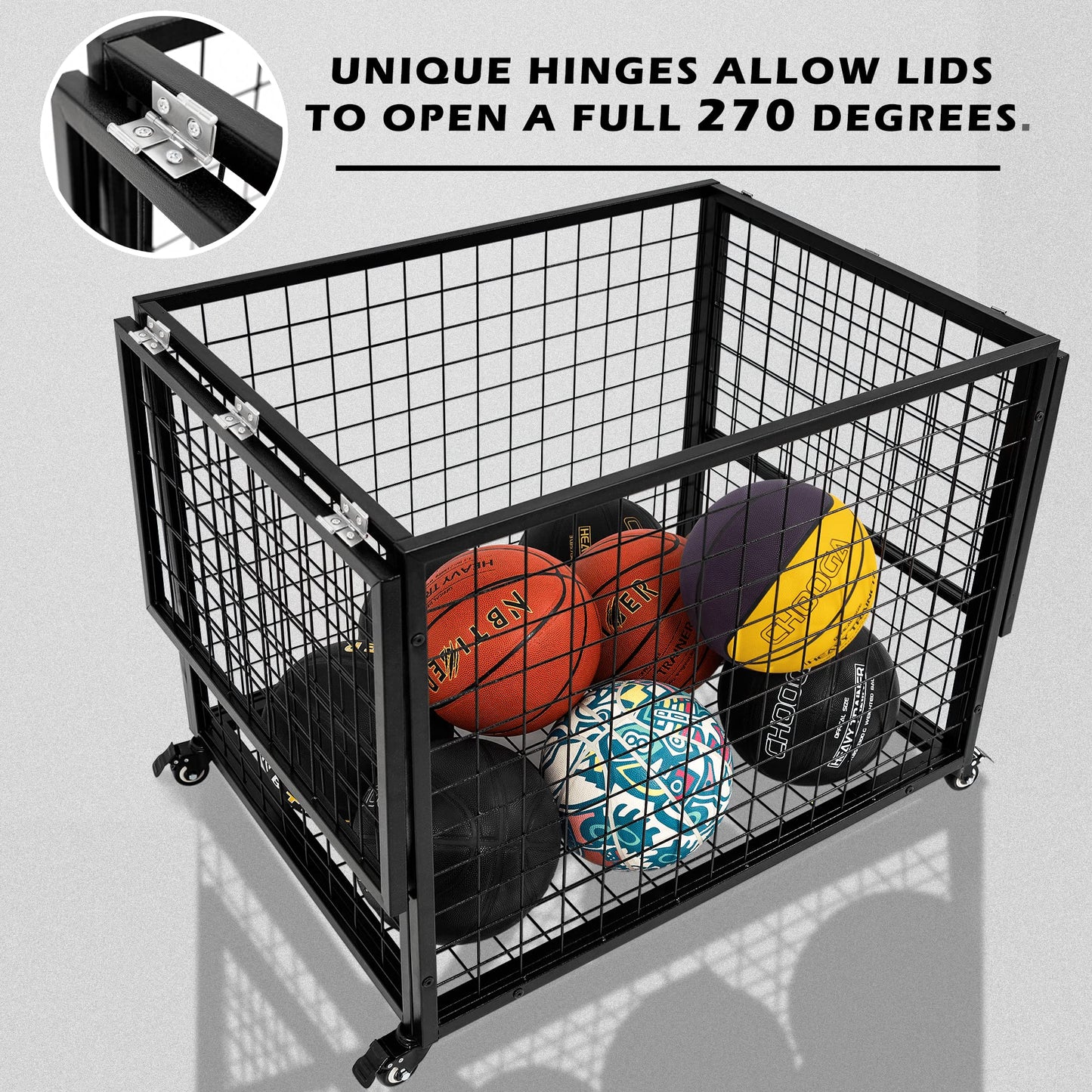 Ball Cart Garage Sports Equipment Organizer with Lockable Lid, Basketball Storage Bin for Indoor Outdoor, Rolling Exercise Ball Cart Holder for Gym, School, Club