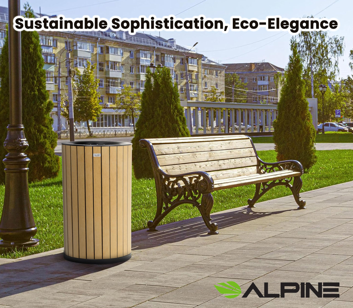 Alpine 32 Gallon Commercial Outdoor Trash Can – Open Top All-Weather Garbage Can with Leak-Proof Stainless Steel Liner, Floor-Mount Ready for Parks, Schools & Public Spaces (Flat Lid - Cedar)
