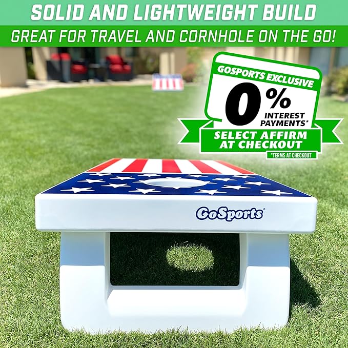 GoSports 4 x 2 ft All Weather Cornhole Boards - American Flag, Red, or Blue - Game Set Includes 8 Bean Bags & Rules