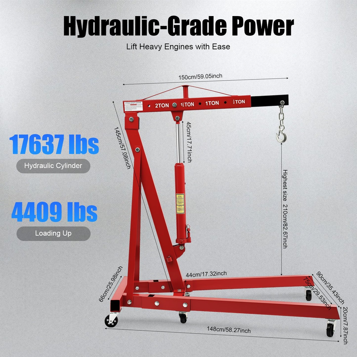 2T Hydraulic Engine Hoist, Folding Engine Crane, 6.89ft Lifting Height 4 Adjustable Positions Carbon Steel Material Argon Arc Welding Crane Complete Set W/6 Universal Wheels For Workshops, Red