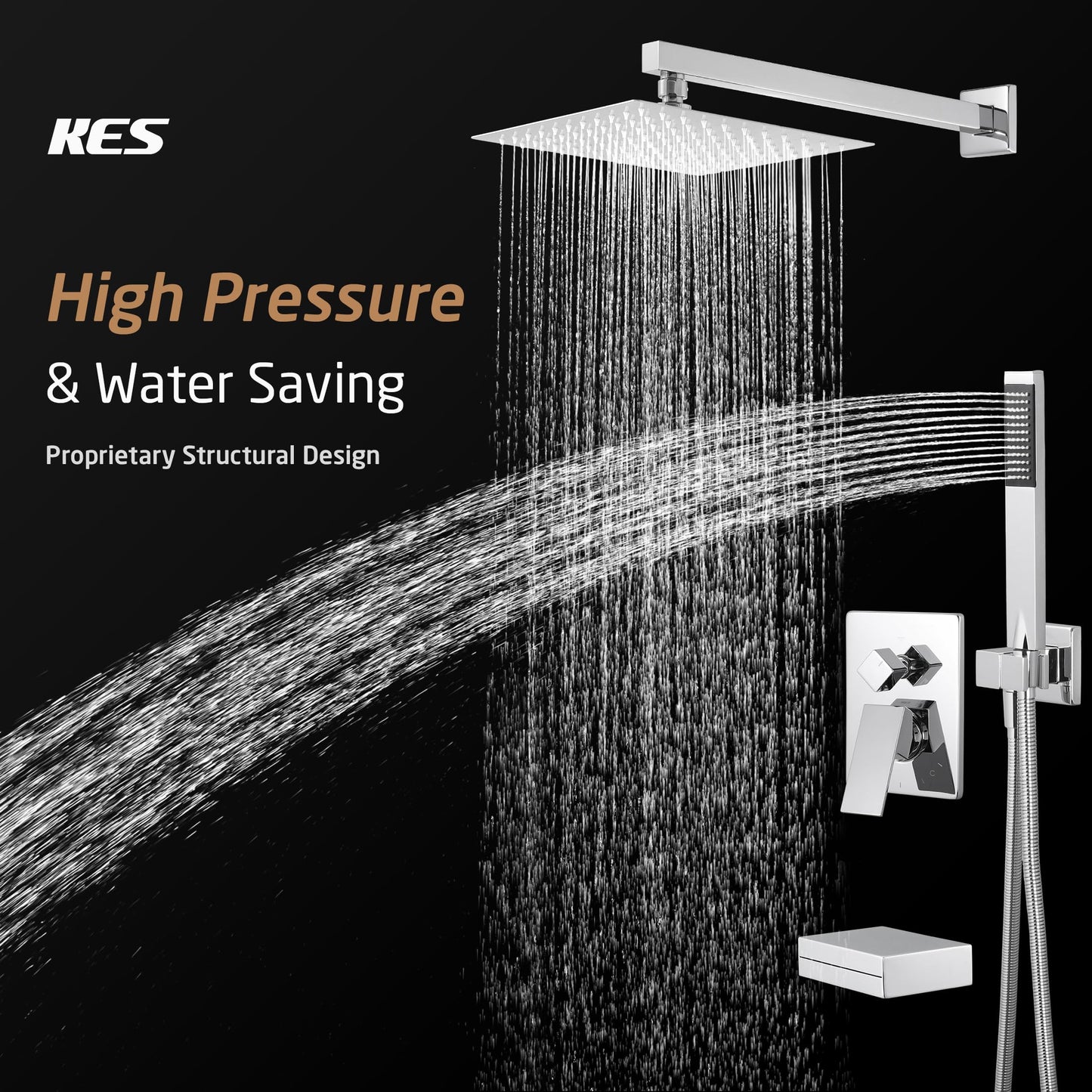 KES Chrome Shower System with Tub Spout Bath Shower Faucet Set 10 Inch Rain Shower with Handheld Spray Pressure Balance, XB6305F18-CH