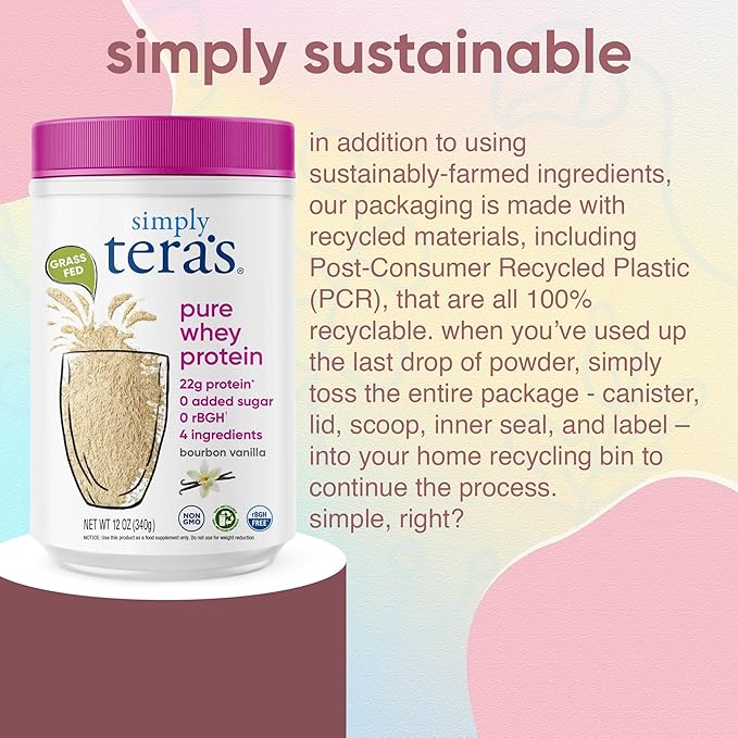 Simply tera's Pure Whey Protein Powder - Grass Fed Vanilla Whey Protein Powder, Clean, Made Without Artificial Sweeteners, Non-GMO, Kosher, rBGH-Free, Soy-Free - 12 Oz