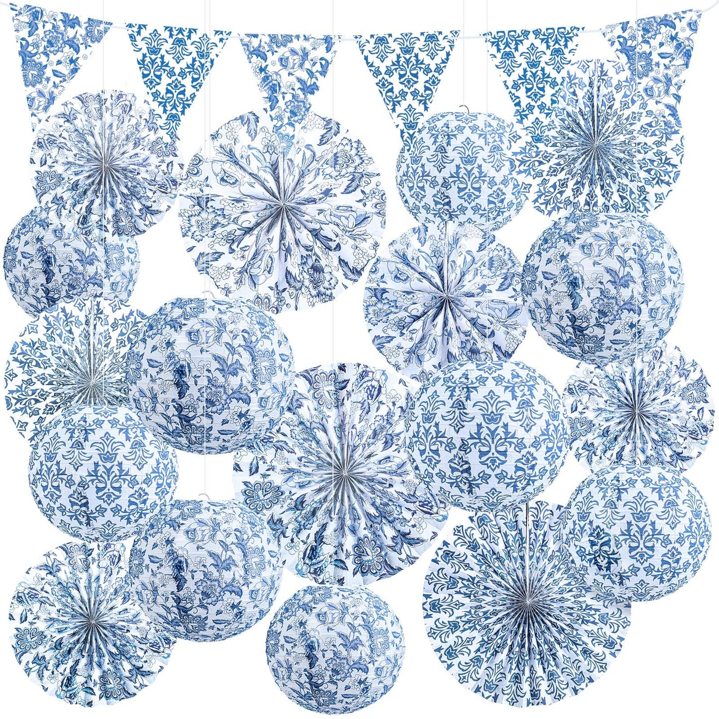 Tujoe 19 Pcs Chinoiserie Themed Party Decorations 10 Paper Lanterns 3 Triangle Flags Banner 6 Hanging Round Fans Blue and White Print Chinese Hanging Decoration for Ceiling Wedding Birthday Home Decor