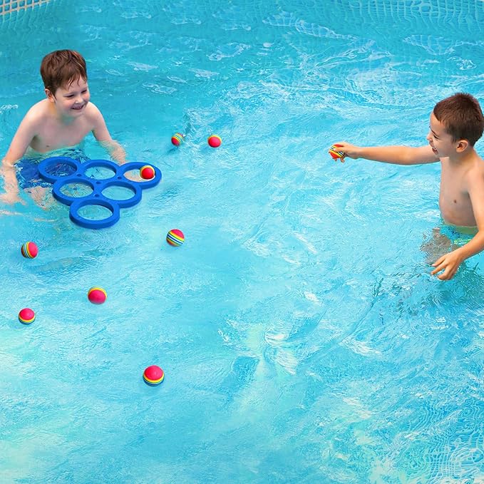 Hiboom Pool Game with Score, Combo Foam Pool Floats with 10 Colorful Tossing Balls, Toss Game Swimming Party Toys Accessories for Family Par, Dive Rings(Triangle,Blue)