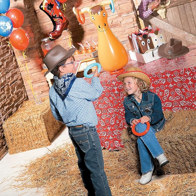 Fun Express Inflatable Bull Ring Toss Game - Premium Outdoor Games for Kids Ages 4-8 & Family | Western Carnival Party Games with 6 Rings - Backyard Lawn Games for Birthday Parties
