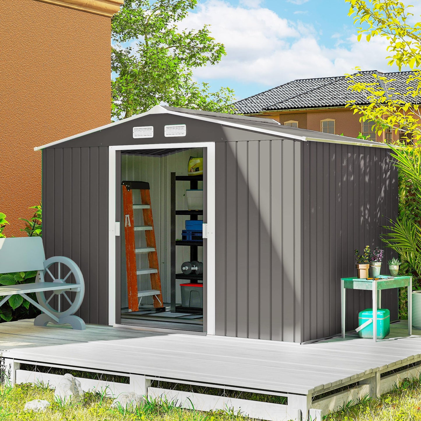 Outsunny 9' x 6' Outdoor Storage Shed, Garden Tool Metal Shed with Foundation Kit, Double Lockable Door, Air Vents and Sloping Roof, for Backyard, Patio, Lawn, Light Gray