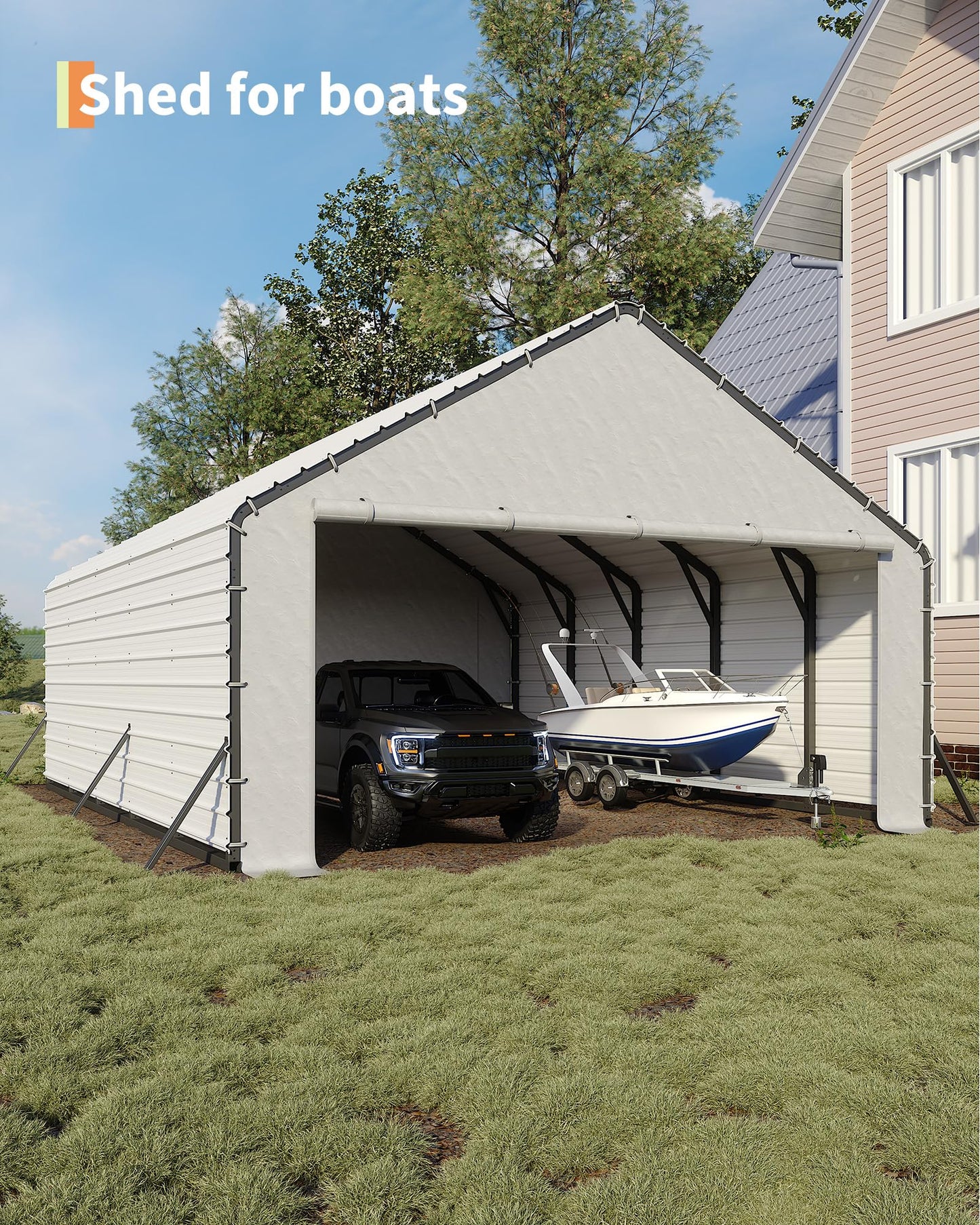 GarveeLife Heavy-Duty PE Enclosure Kit (2-Pack) for Metal Carport - 220gsm Roll-Up Zipper Door Panels for 20x25, 20x20 ft, with Ball Bungees, White