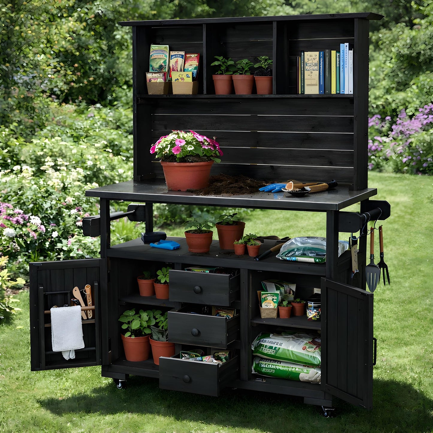 GDFStudio Preden Outdoor Storage Bench Table with Cabinet, Patio Wooden Potting Bench, Garden Storage Work Bench with Stainless Steel Top, Drawers, Cabinets, Shelves and Hooks, Kitchen Island, Black
