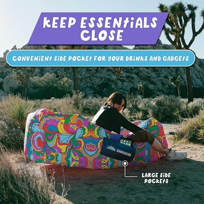 Chillbo Shwaggins Inflatable Couch – No-Pump Setup, Ripstop Polyester, Stability Pegs, Fun Prints, Portable Air Lounger for Beach, Camping, Festivals, and Tailgating - 60s Pyschedelic