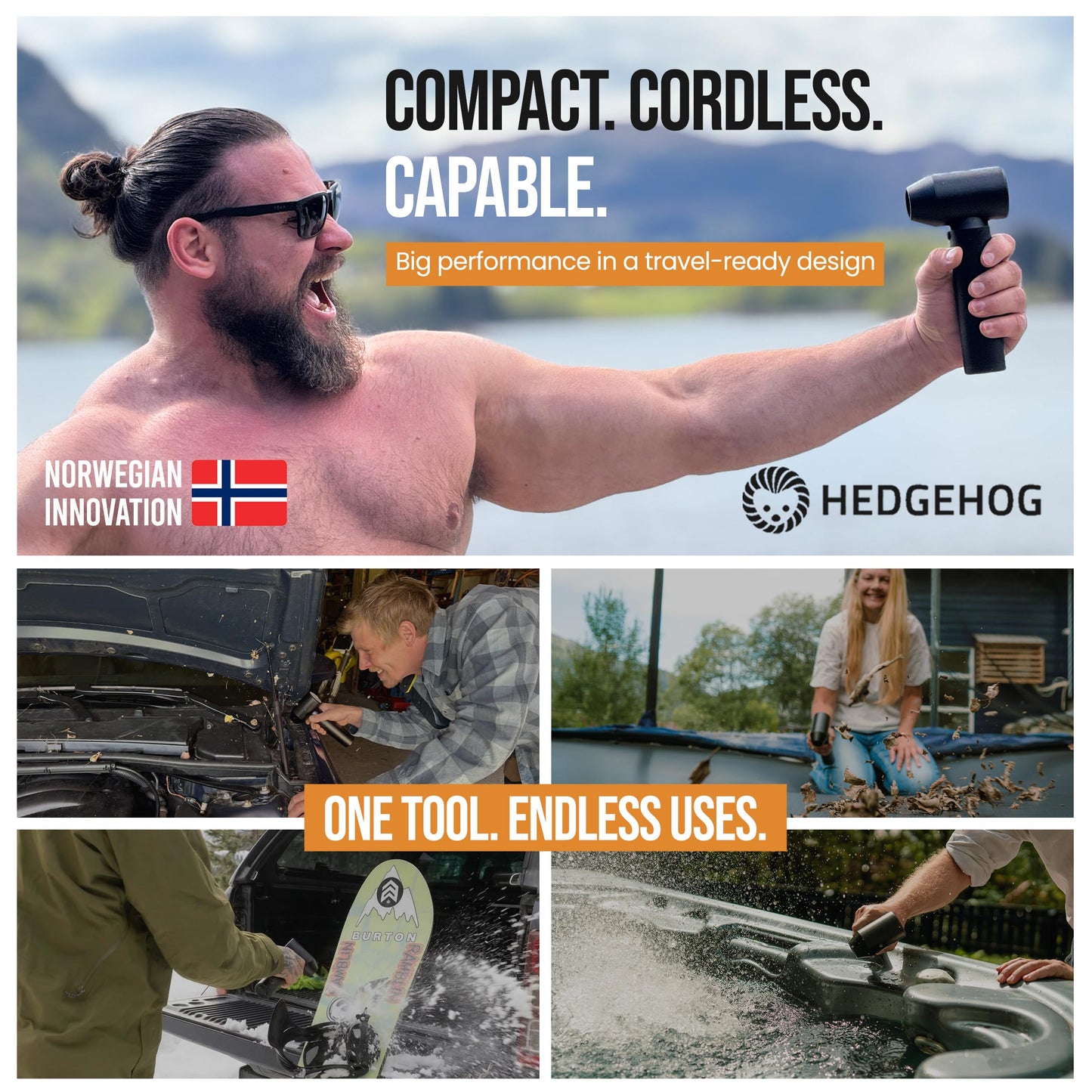 Hedgehog Car Dryer and Air Blower - 500W Handheld Cordless Turbo Dryer Blower for car- 162 MPH Wind Dring Power, 4-Speed Controls, 80,000 RPM, USB-C Fast Charging, Portable Leaf Blower & Snow Remover