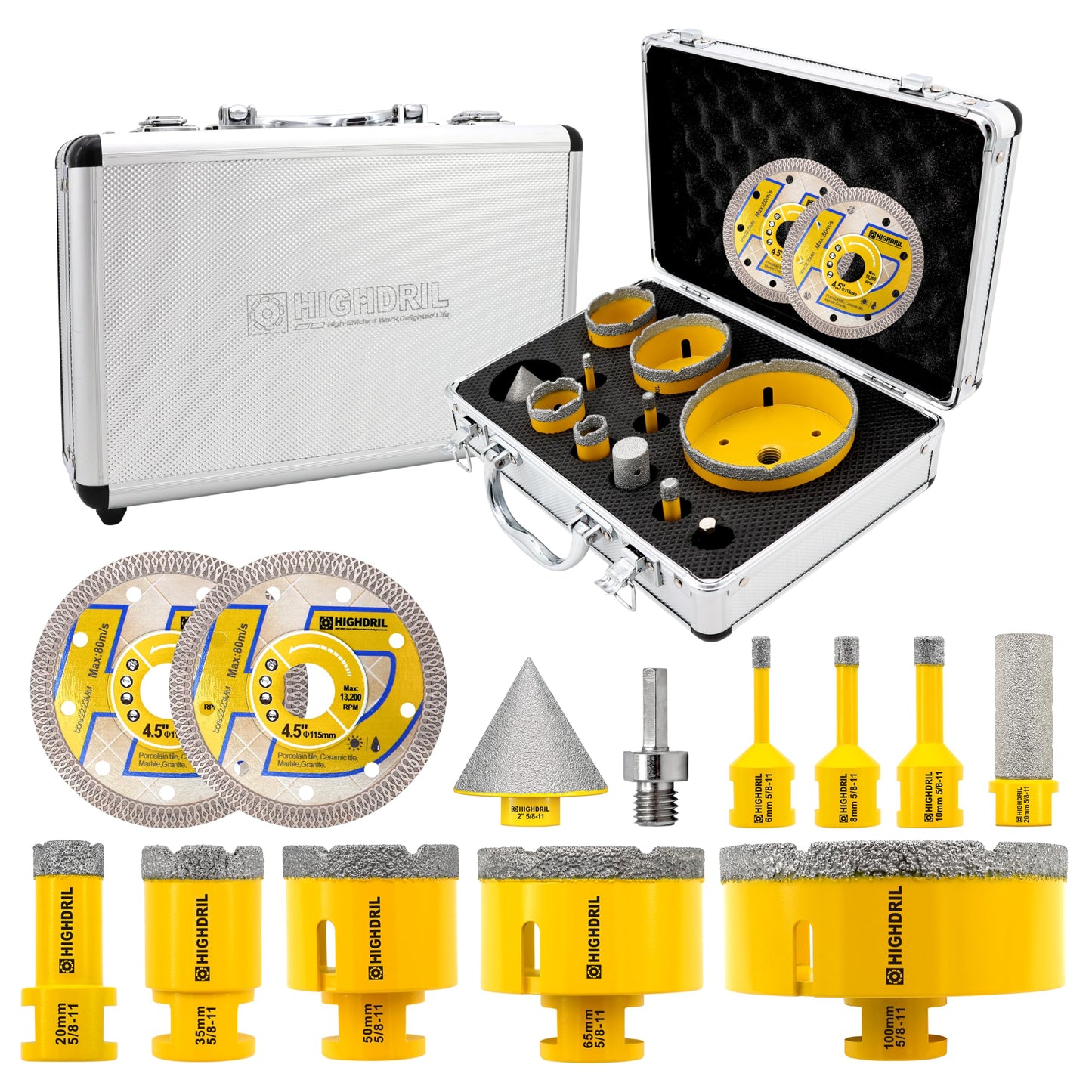 HIGHDRIL 13Pcs Diamond Hole Saw Kit - 1/4", 5/16", 3/8", 4/5", 1-3/8", 2", 4" Drill Bits with 2" Chamfer Bit, 4/5" Finger Bit, HEX Adapter & Saw Blades for Tile Porcelain Ceramic Granite Marble Stone