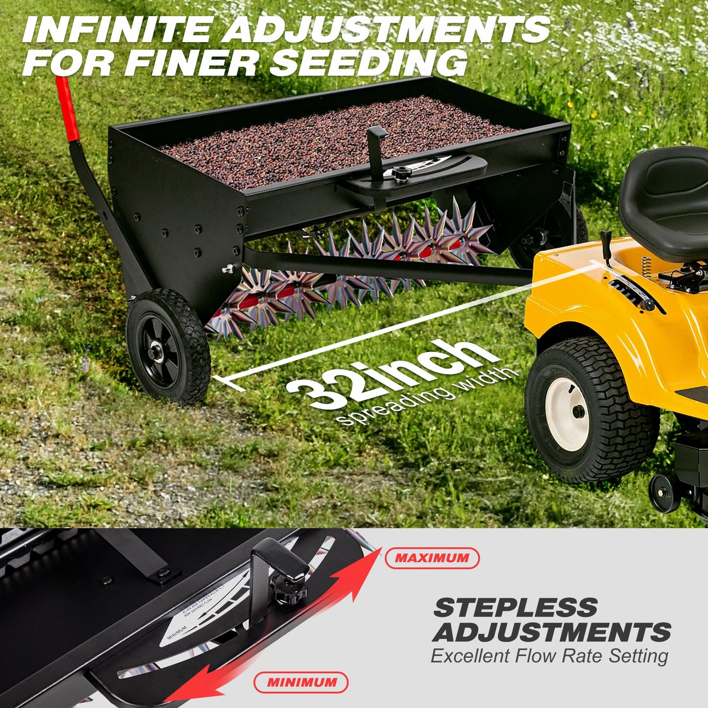 Suchtale Upgrade 40-Inch Tow Behind Spiker Seeder,Combination Tow Spike Aerator,Broadcast Spreader,Steel Hopper Lawn Drop Seed Fertilizer and Spreader,Lawn Soil Aerator Spikes Tractor