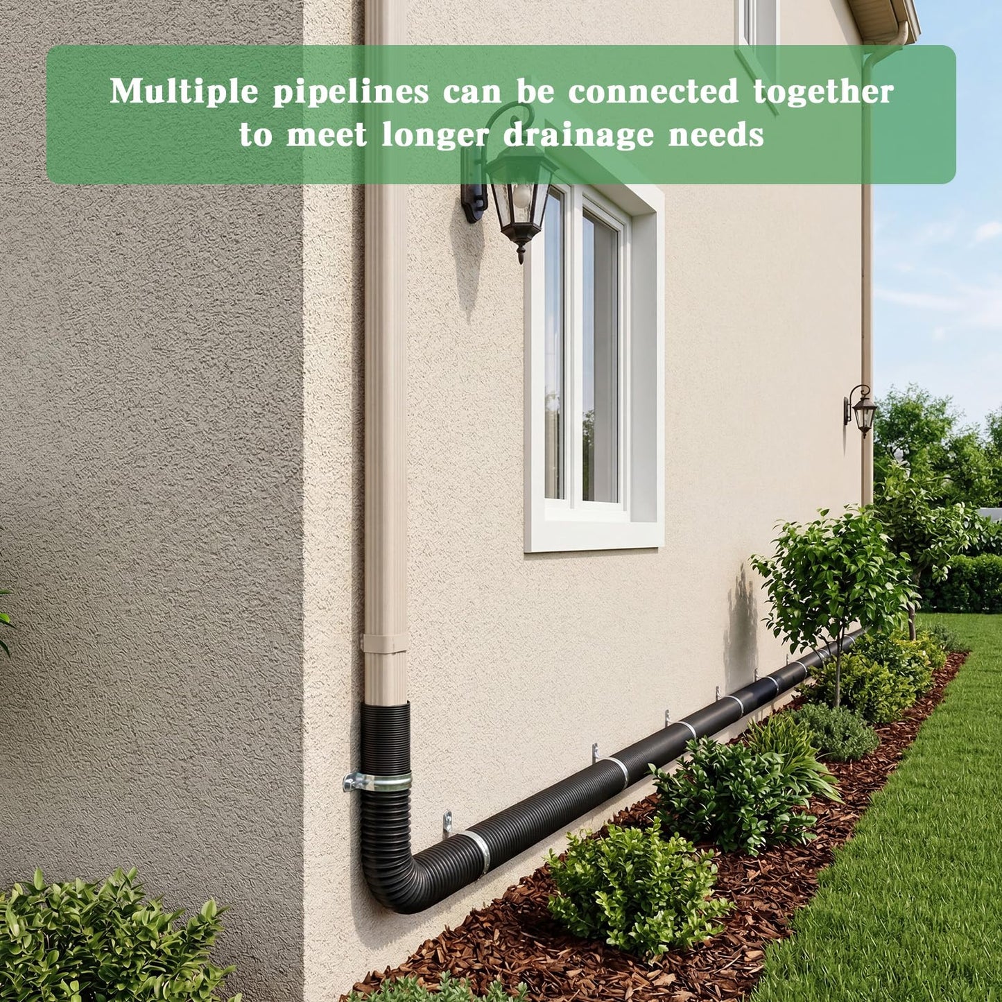 Joyfolk 4"×65ft Spliceable Extra Expandable Landscaping Drain Pipe, 4 Flexible Corrugated Downspout Drain Pipes with 3 Connectors Black for Outdoor Gutter Extension, Pond Pump, Rainwater Drainage